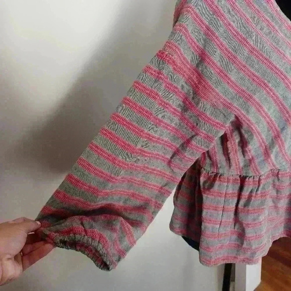 Madewell Womens Gray and Red Striped Bubble-Sleeve Peplum Top M - Picture 9 of 16